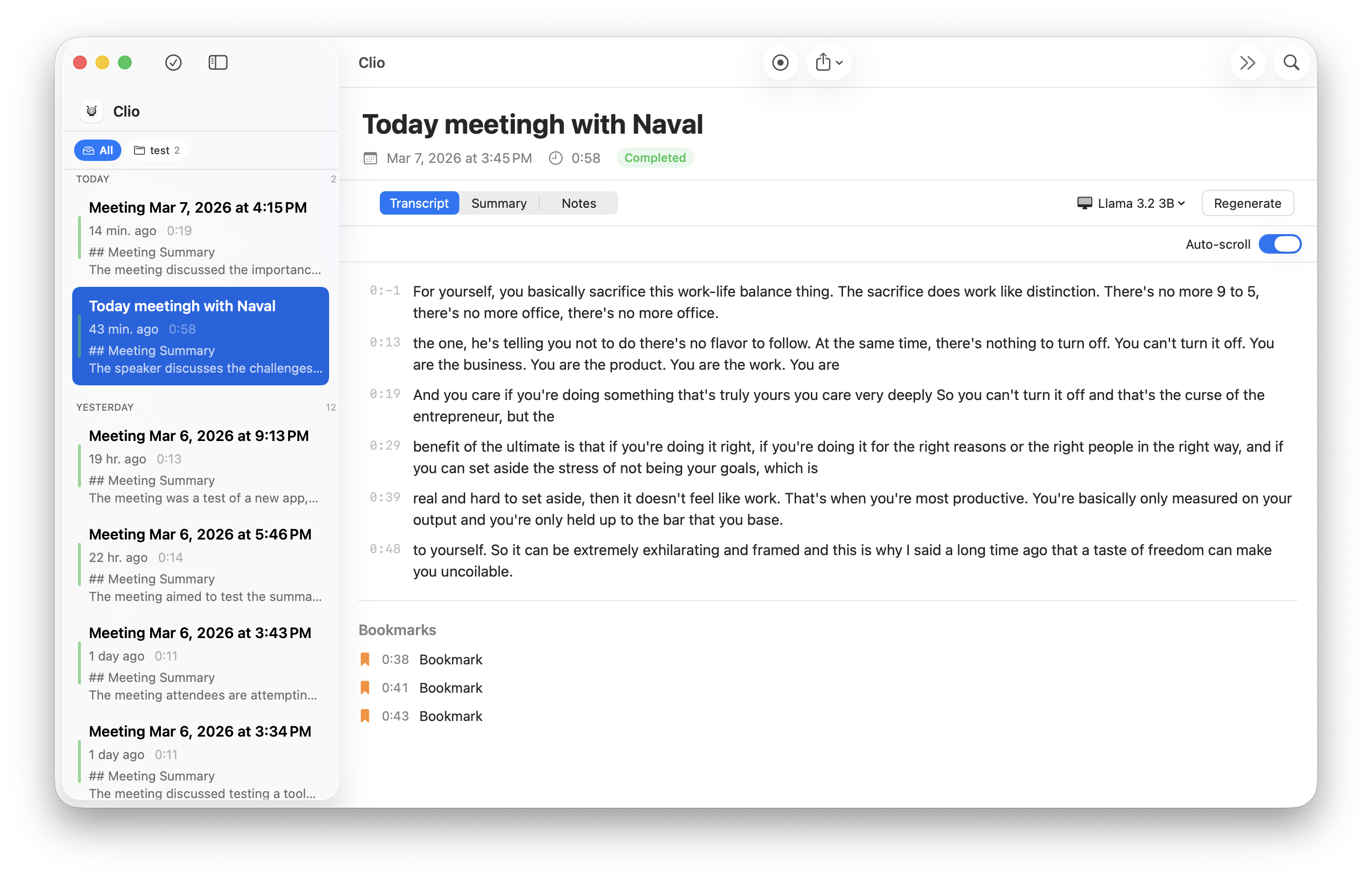 Clio app showing a meeting transcript with speaker labels and timestamps